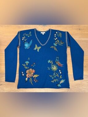 JOHNNY WAS Cashmere Wool V-Neck Whip Stitch Embroidered Butterflies Sweater XS